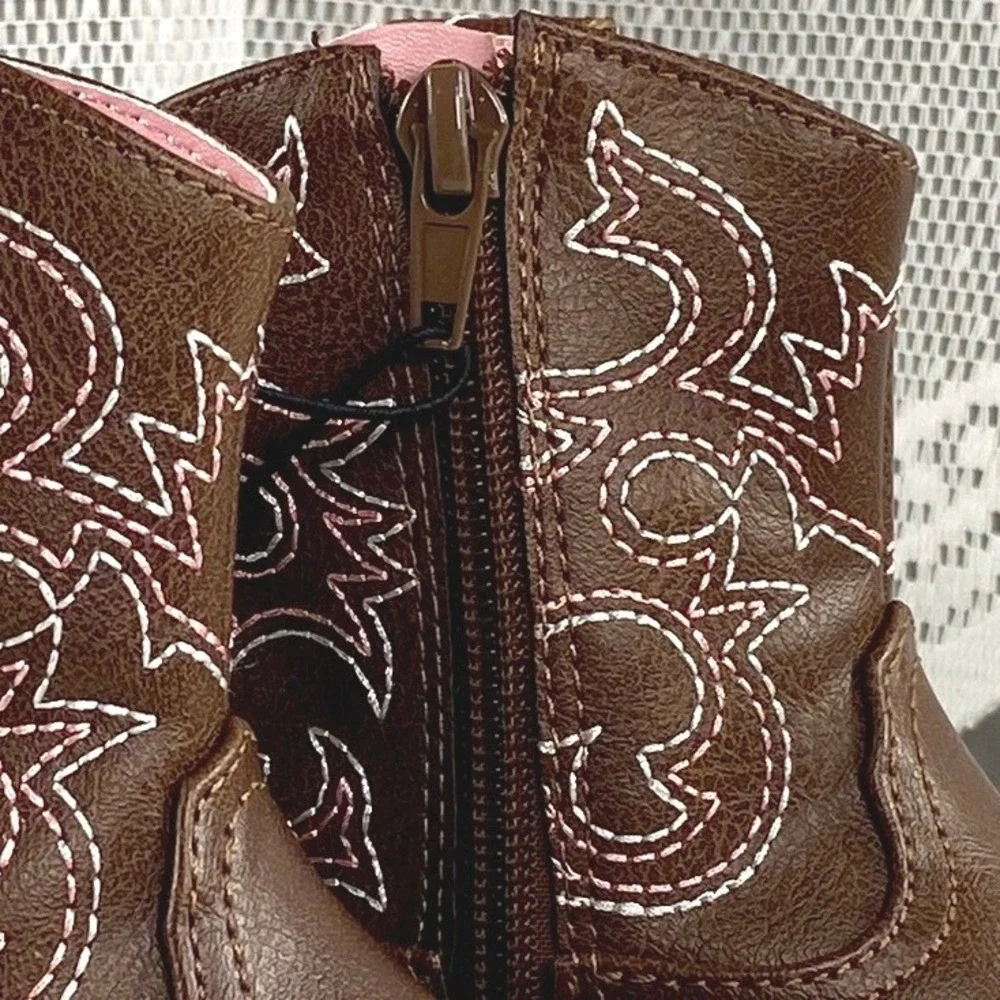 NWT Baby Girl Sz 5 Western Cowgirl Boots Pink Embroidered Stitching Faux Leather